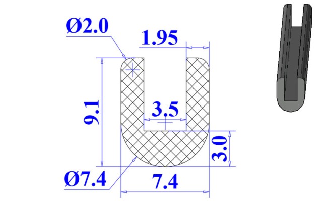 Ron cao su EPDM chữ U 7.4x9.1x3.5