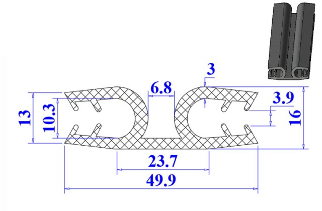 Ron cao su EPDM chữ U 49.9x16x6.8